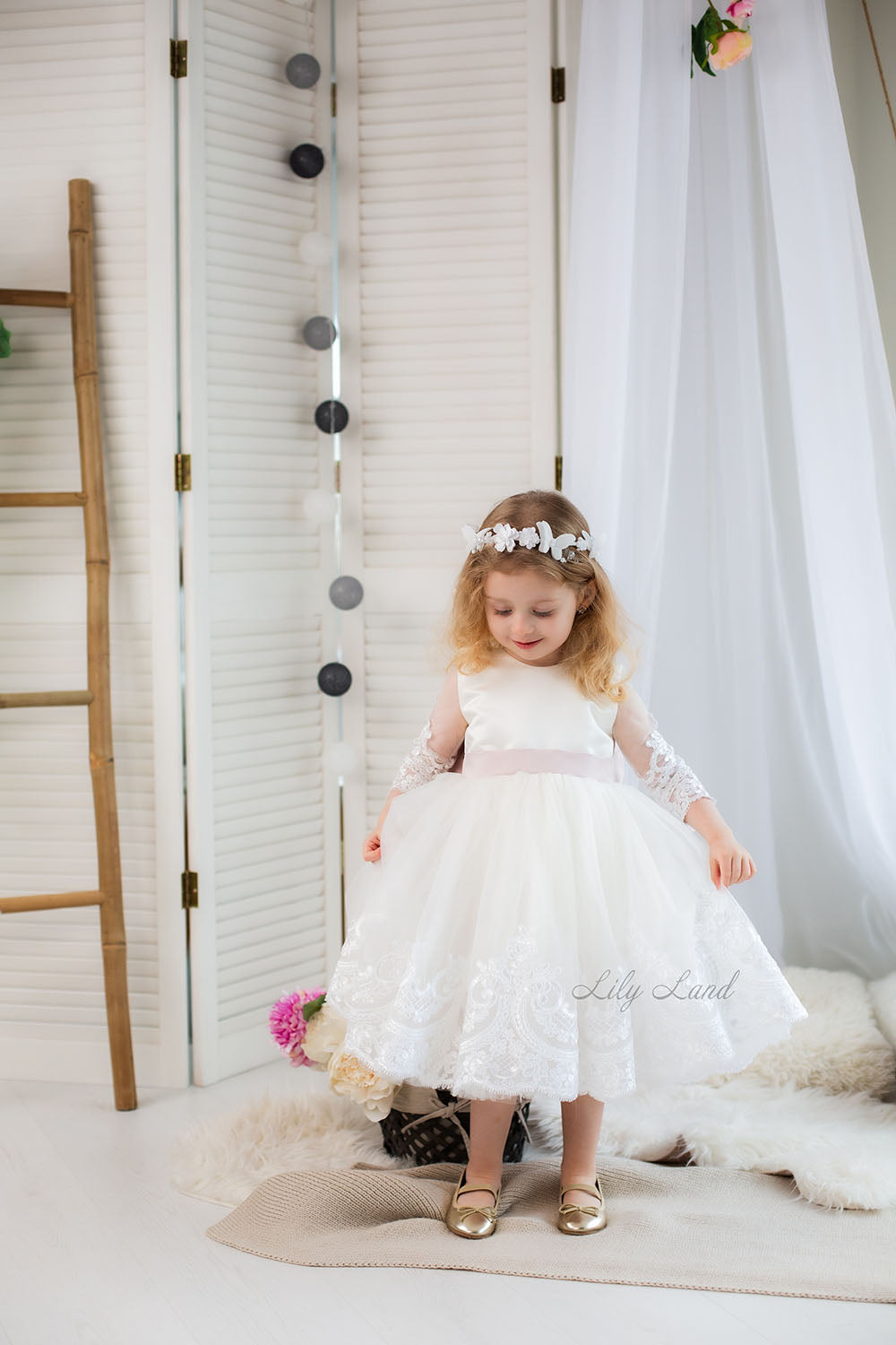 Amelie Girl Dress In White with Long Lace Sleeves