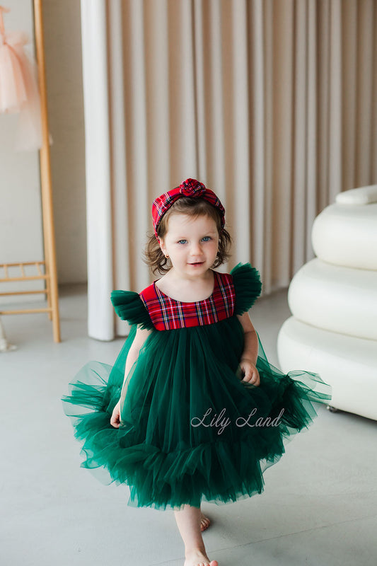 Belle New Year Christmas Girl Dress in Green and Red Tartan