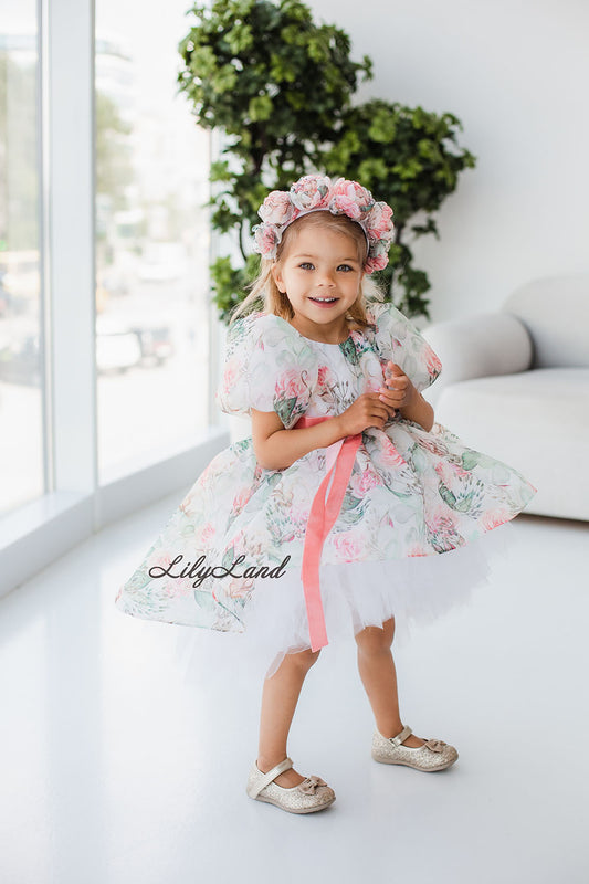 Liana Asymmetrical Girl Dress in White With Rose Print