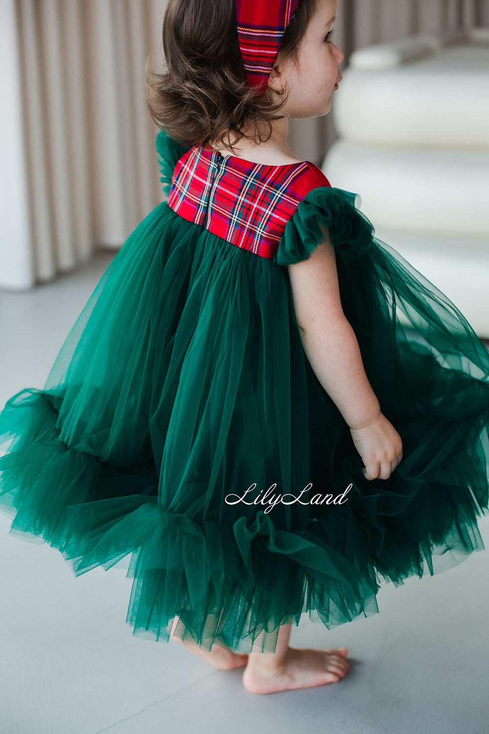 Belle Vestido de Niña Navidad Año Nuevo en Color Verde con Tartán Rojo