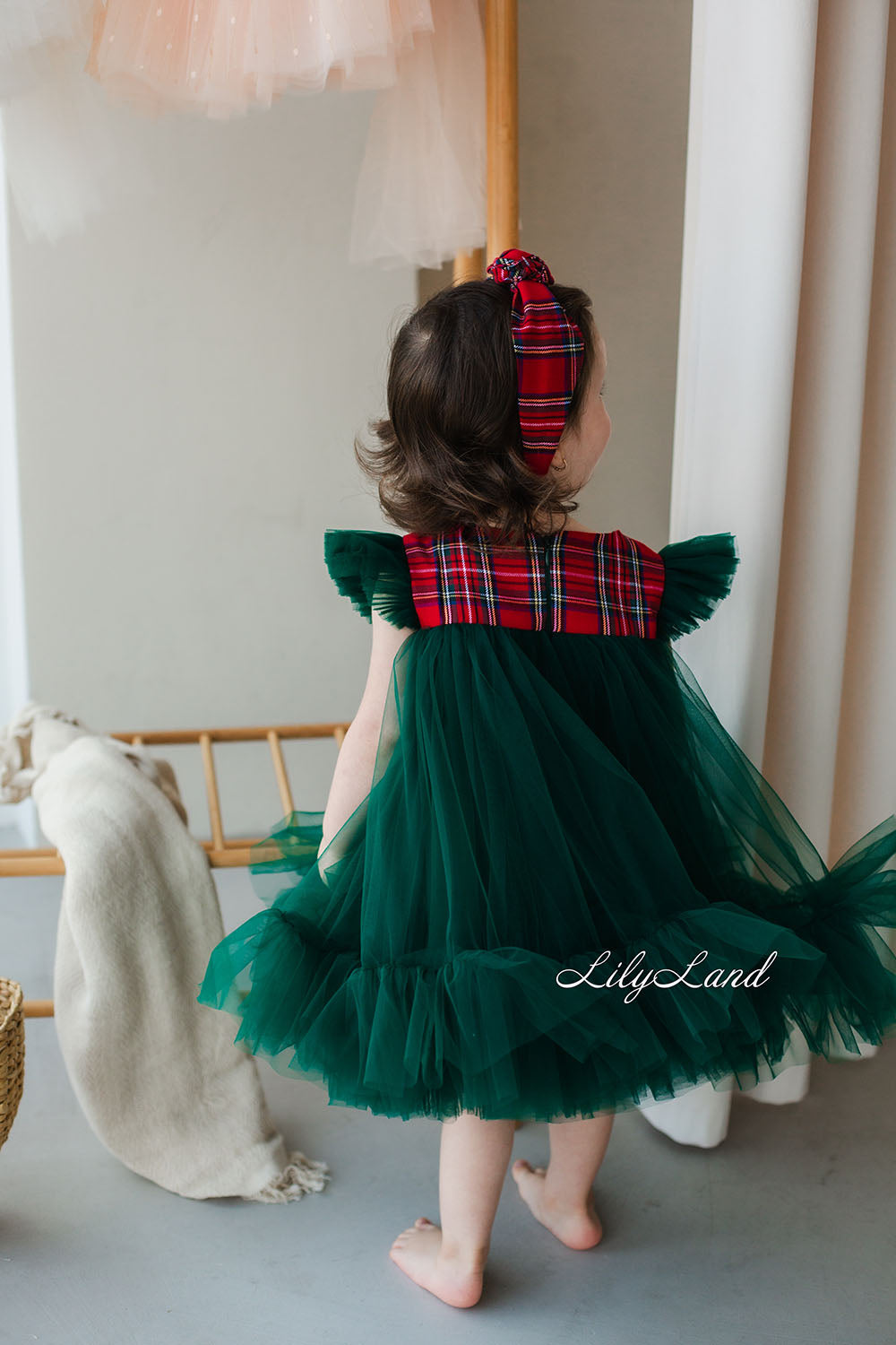 Belle Vestido de Niña Navidad Año Nuevo en Color Verde con Tartán Rojo