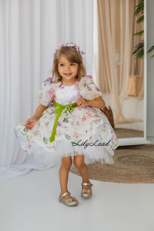 Liana Asymmetrical Girl Dress in White With Floral Print