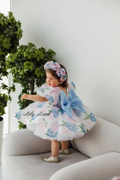 Vestido Lori Puffy para Niña con Hortensia y Lazo Azul