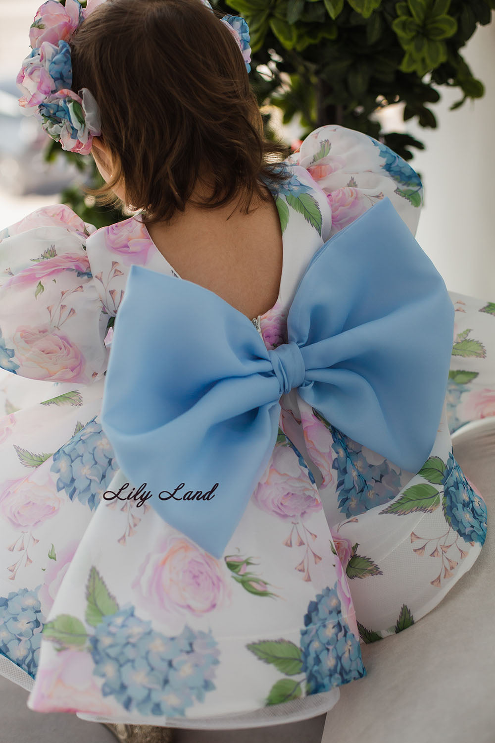 Vestido Lori Puffy para Niña con Hortensia y Lazo Azul