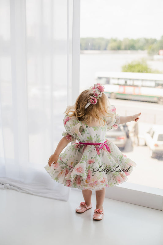 Vestido niña Abullonada Marseille Estampado Flores Rosas y Verdes