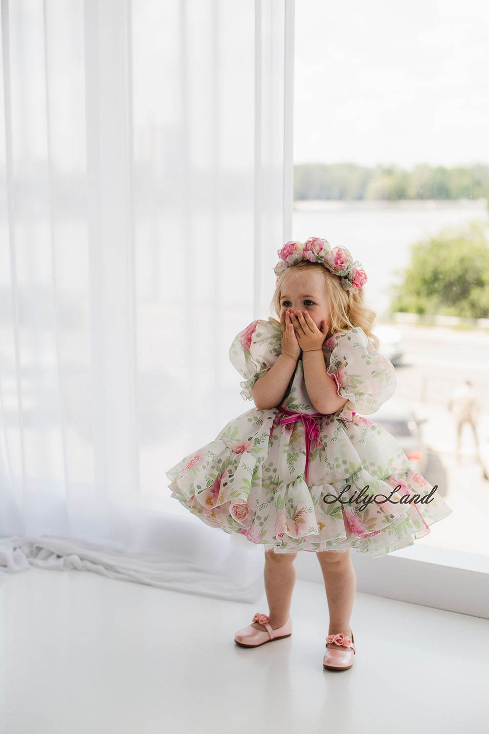 Vestido niña Abullonada Marseille Estampado Flores Rosas y Verdes 