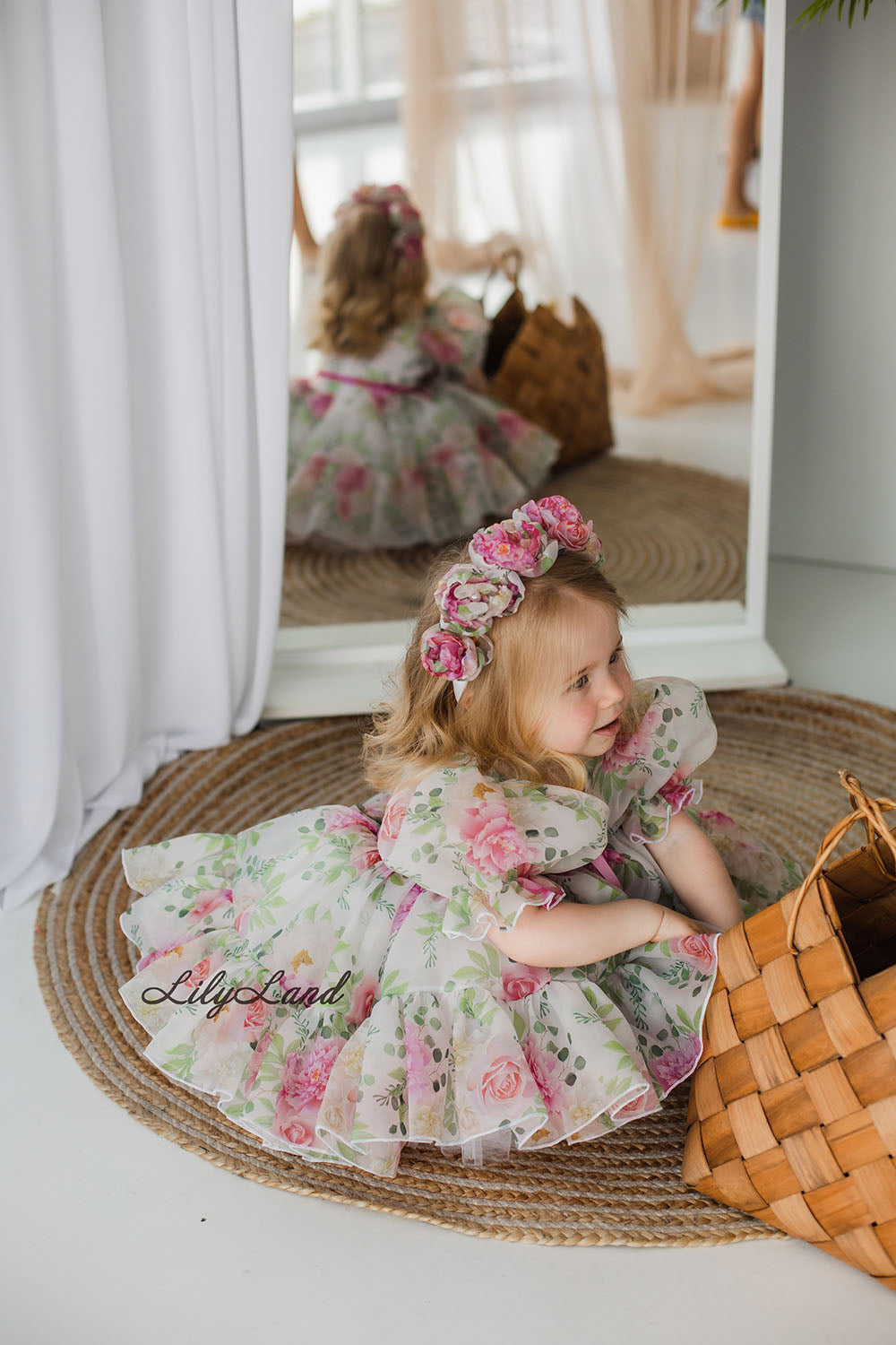 Vestido niña Abullonada Marseille Estampado Flores Rosas y Verdes 