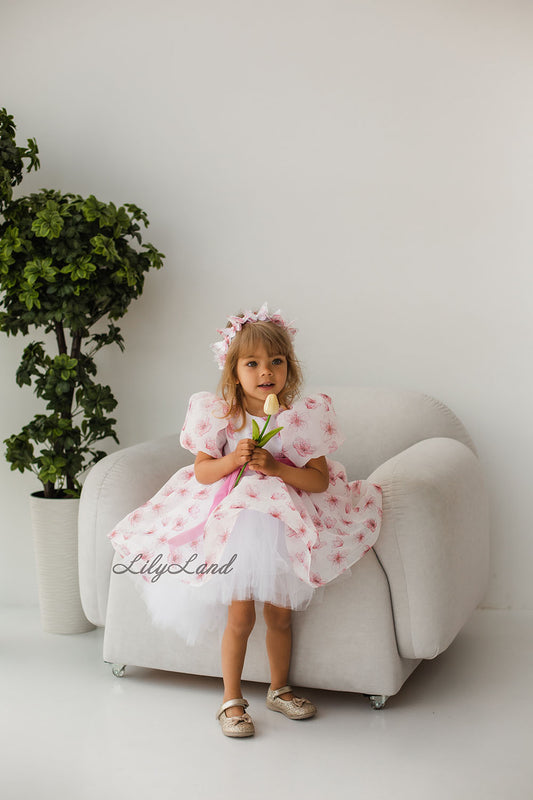 Liana Asymmetrical Girl Dress in White With Pink Floral Print