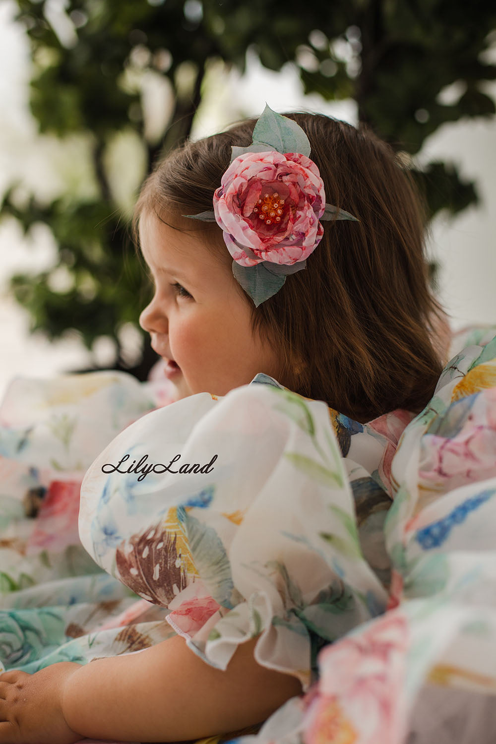 Vestido Niña Abullonado Marseille en Color Blanco con Estampado de Flores y Pájaros 