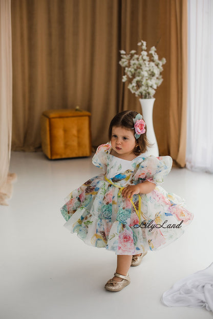 Vestido Niña Abullonado Marseille en Color Blanco con Estampado de Flores y Pájaros 