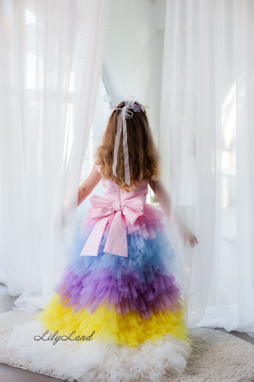 Ursula Multicolored Girl Dress with Feather Sleeves