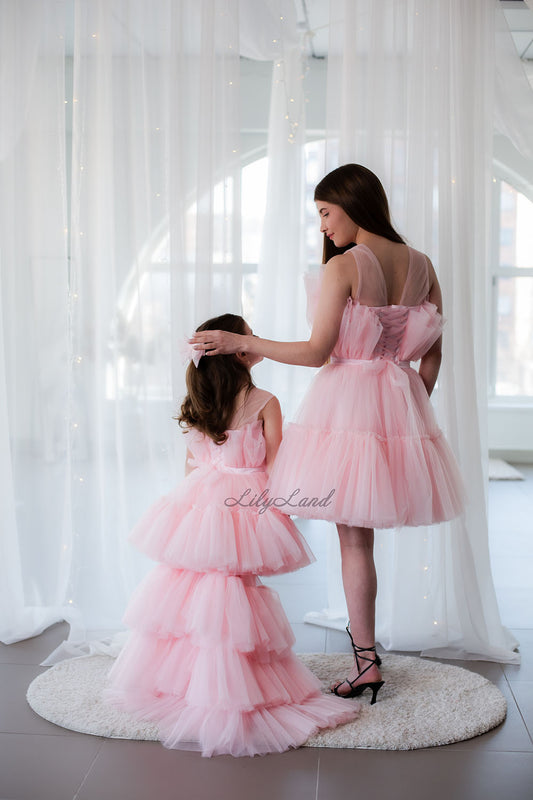 Barbie Matching Tulle Dresses Mommy and Daughter in Blush Pink with Train
