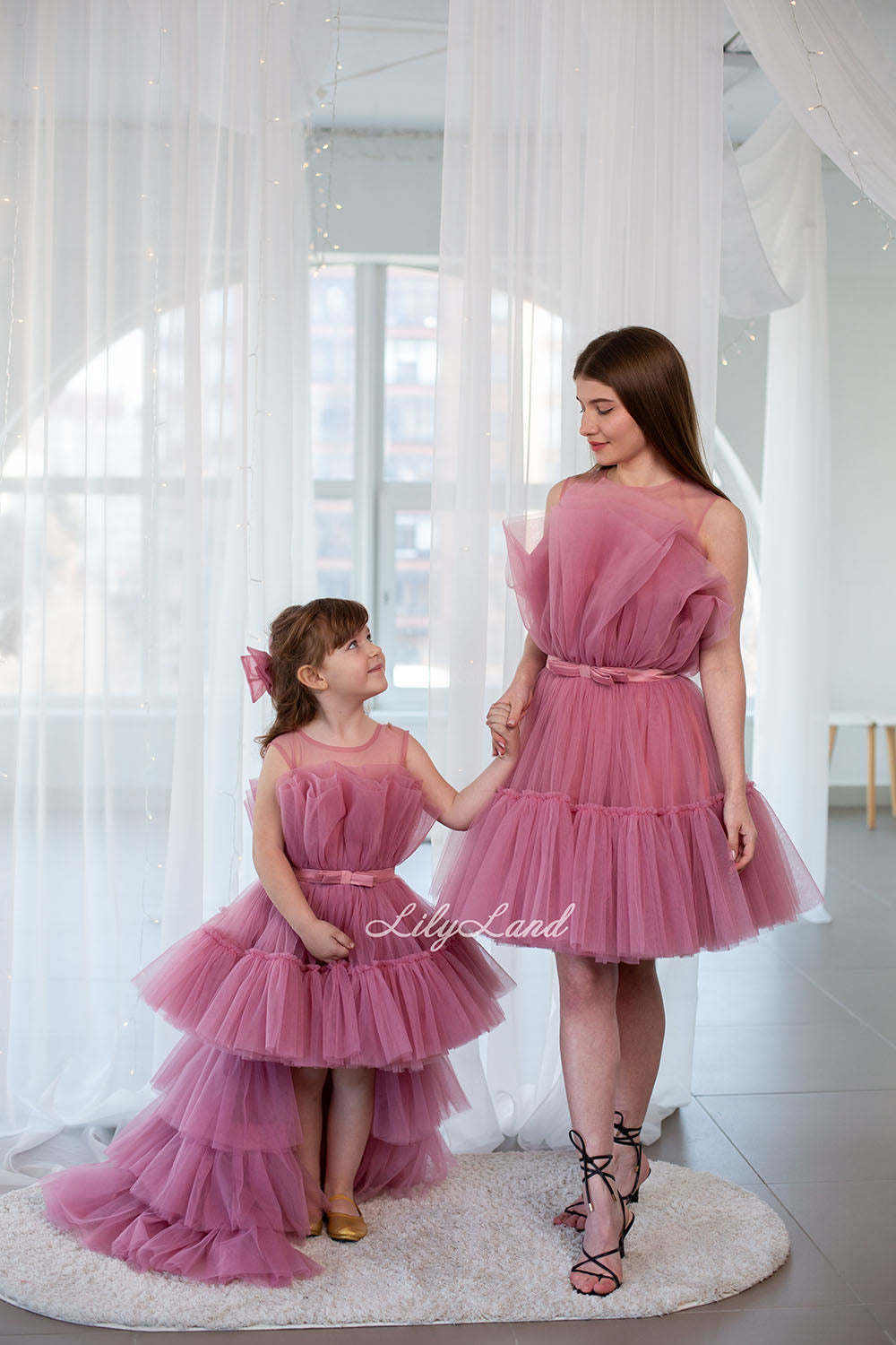 Barbie Matching Tulle Dresses Mommy and Daughter in Dusty Rose with Train