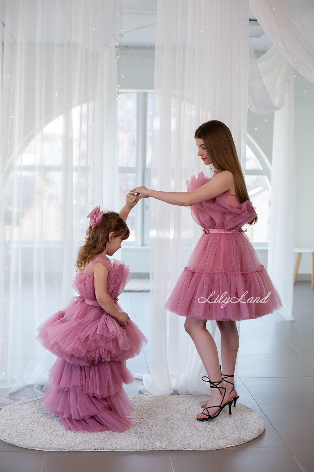 Barbie Matching Tulle Dresses Mommy and Daughter in Dusty Rose with Train