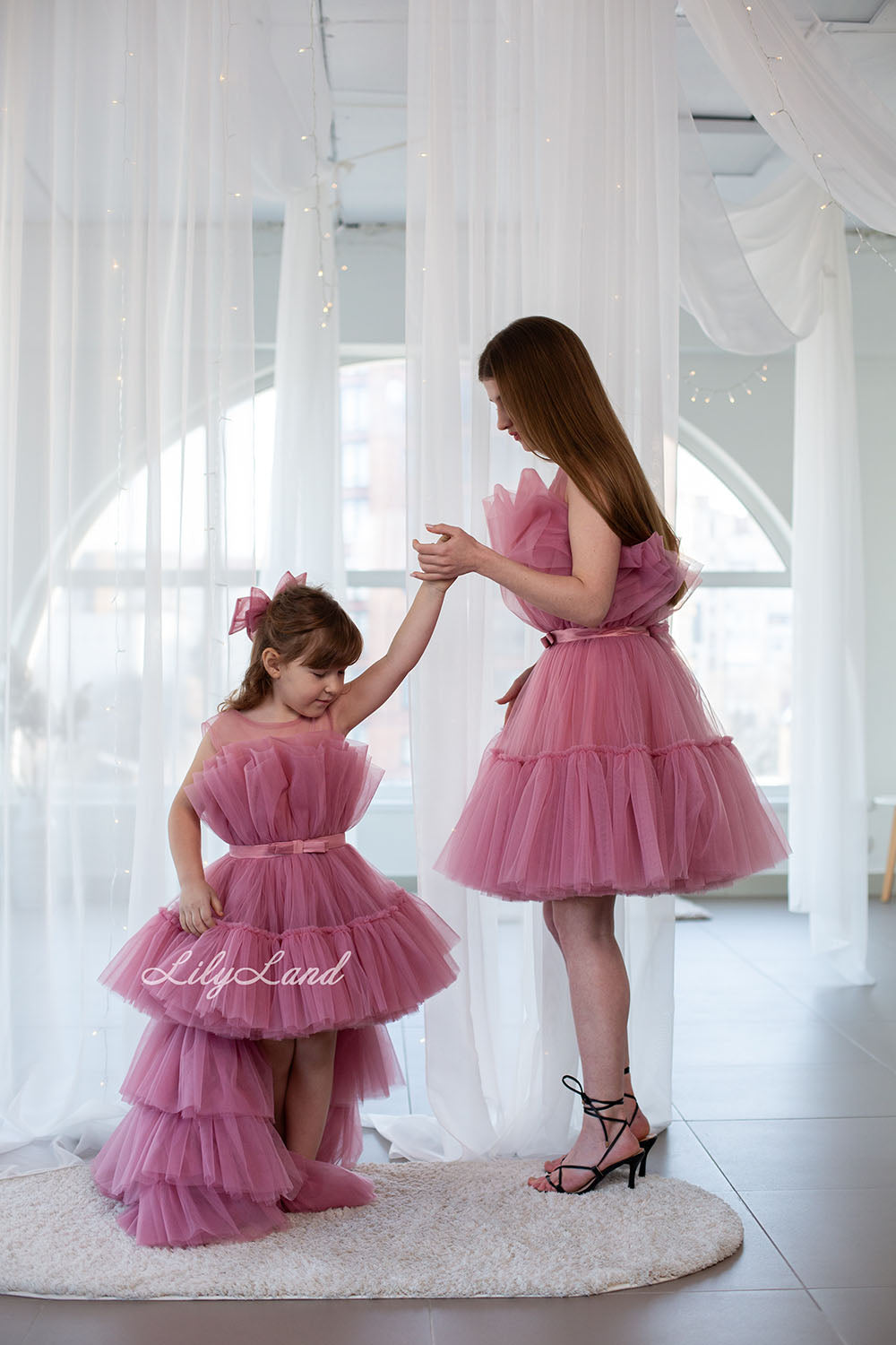 Barbie Matching Tulle Dresses Mommy and Daughter in Dusty Rose with Train