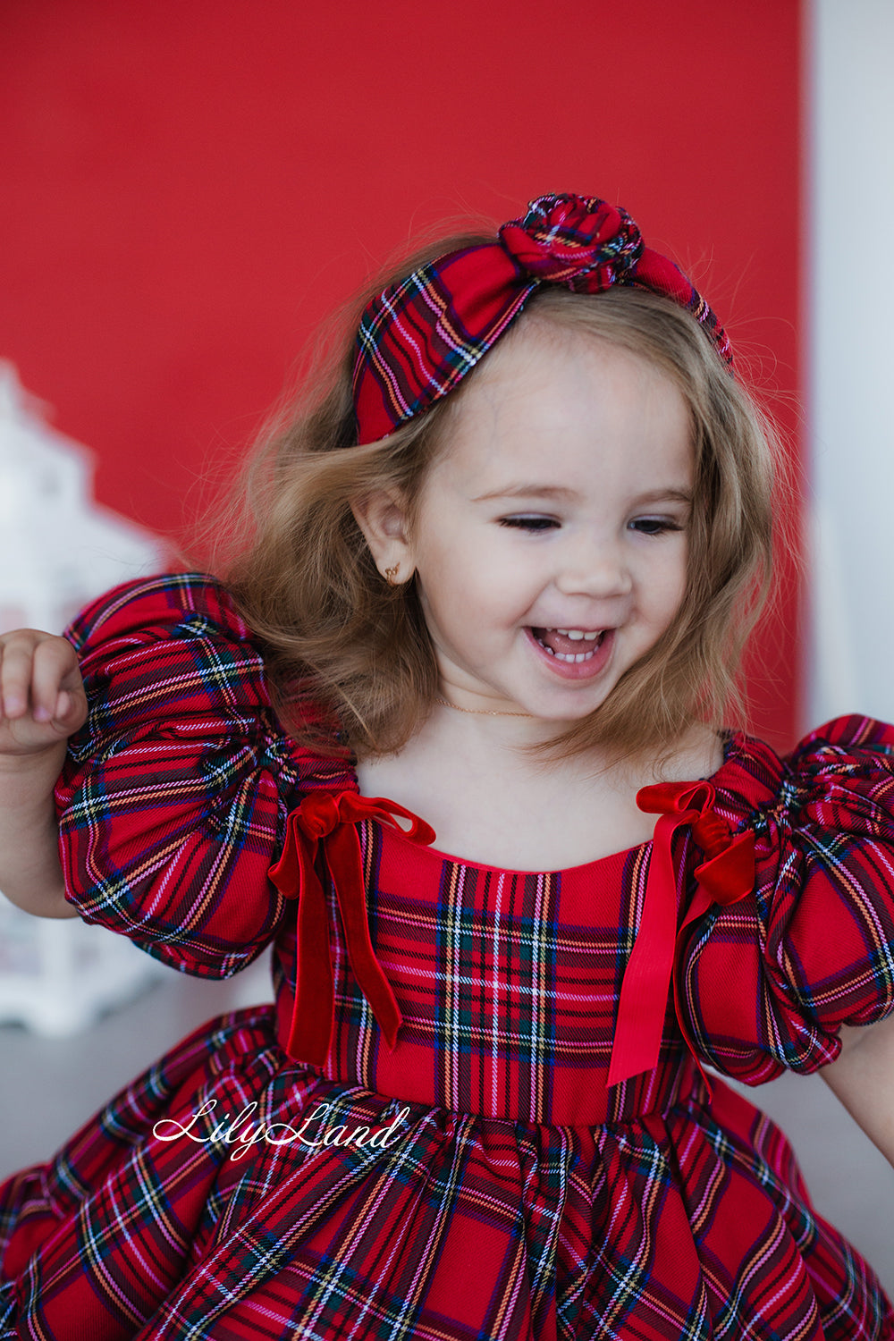 Diadema Niña Navidad Cuadros Tartán en Color Rojo con Rosa