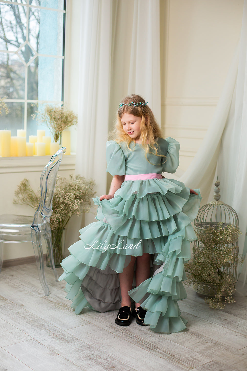 Julia Multilayered Girl Dress In Sage Green