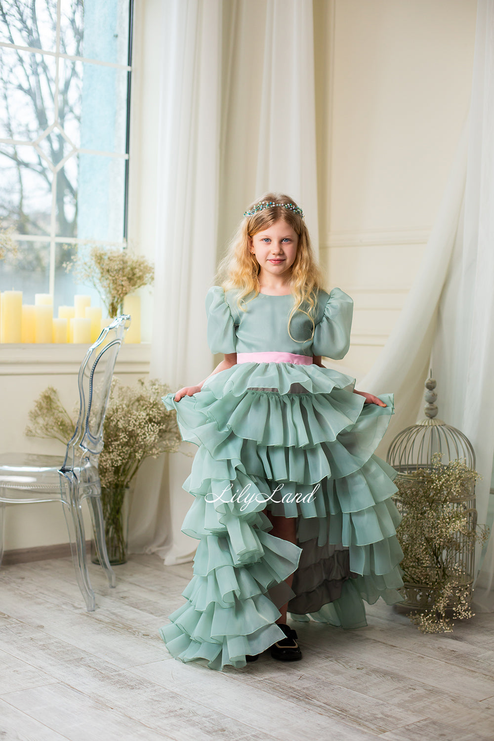 Julia Multilayered Girl Dress In Sage Green