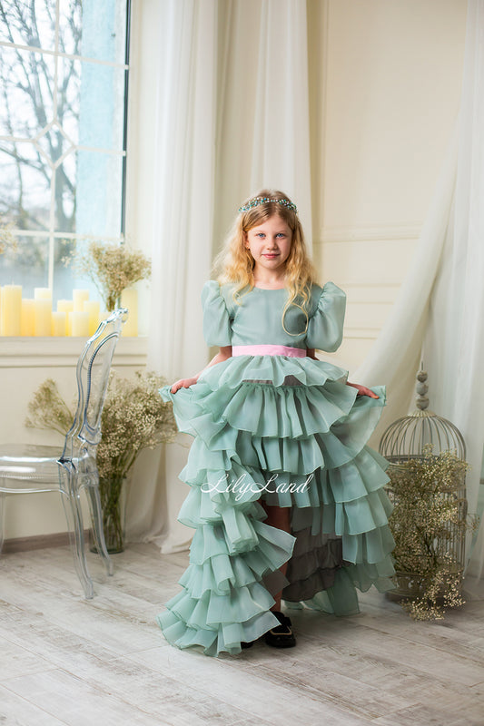 Julia Multilayered Girl Dress In Sage Green