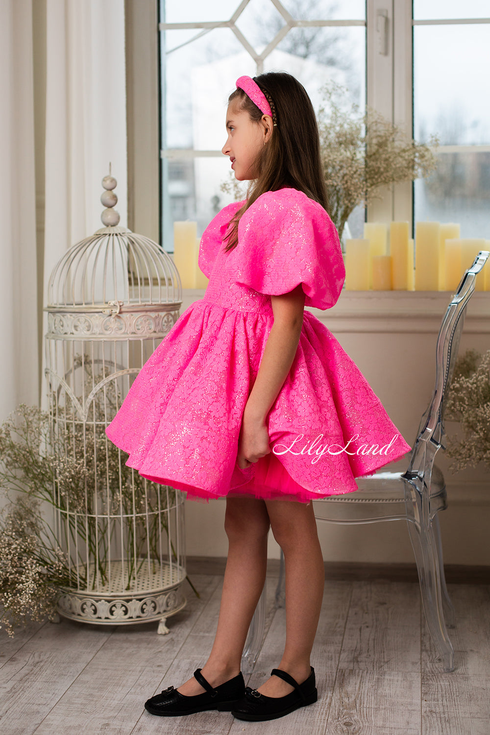 Nora Girl Dress with Glitter and Lace in Neon Pink