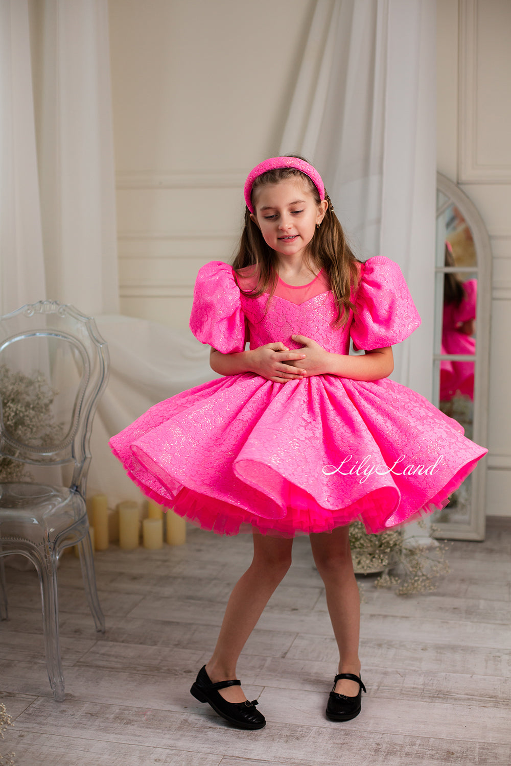 Nora Girl Dress with Glitter and Lace in Neon Pink