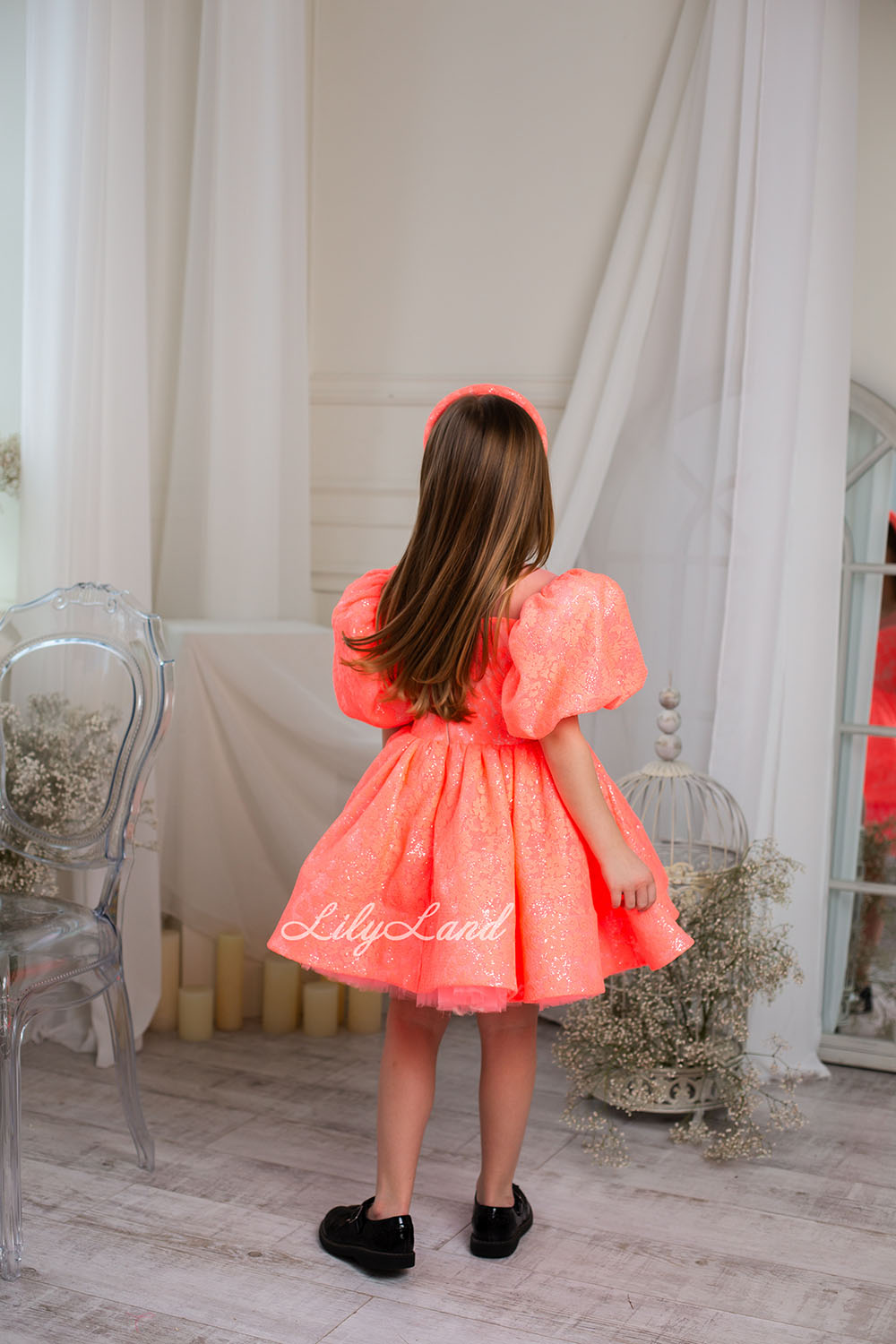 Nora Girl Dress with Glitter and Lace in Neon Orange