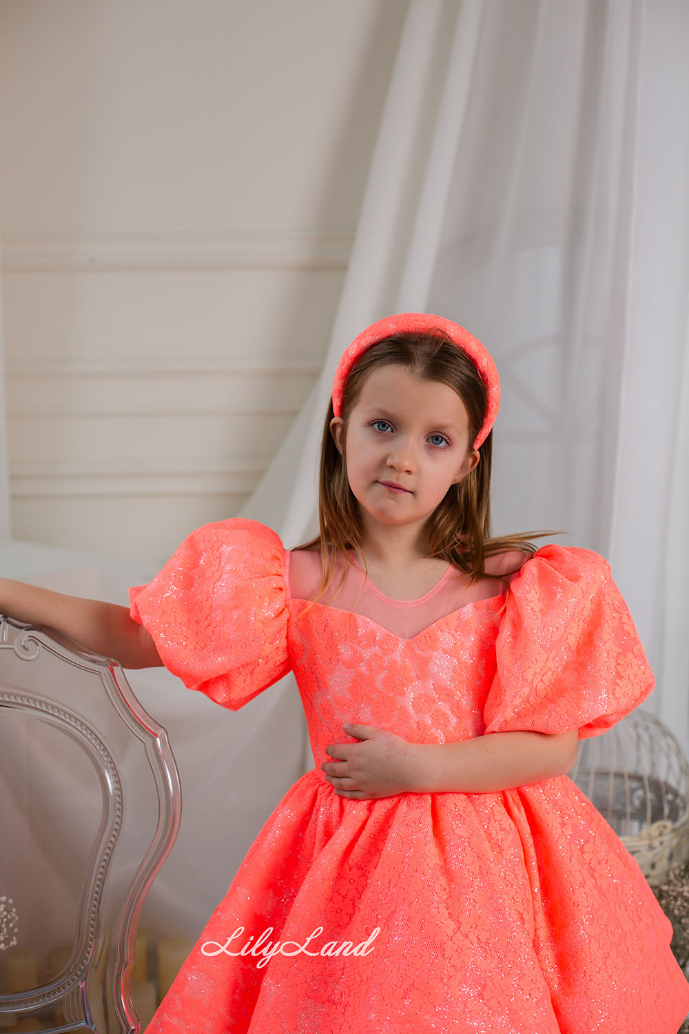 Nora Girl Dress with Glitter and Lace in Neon Orange