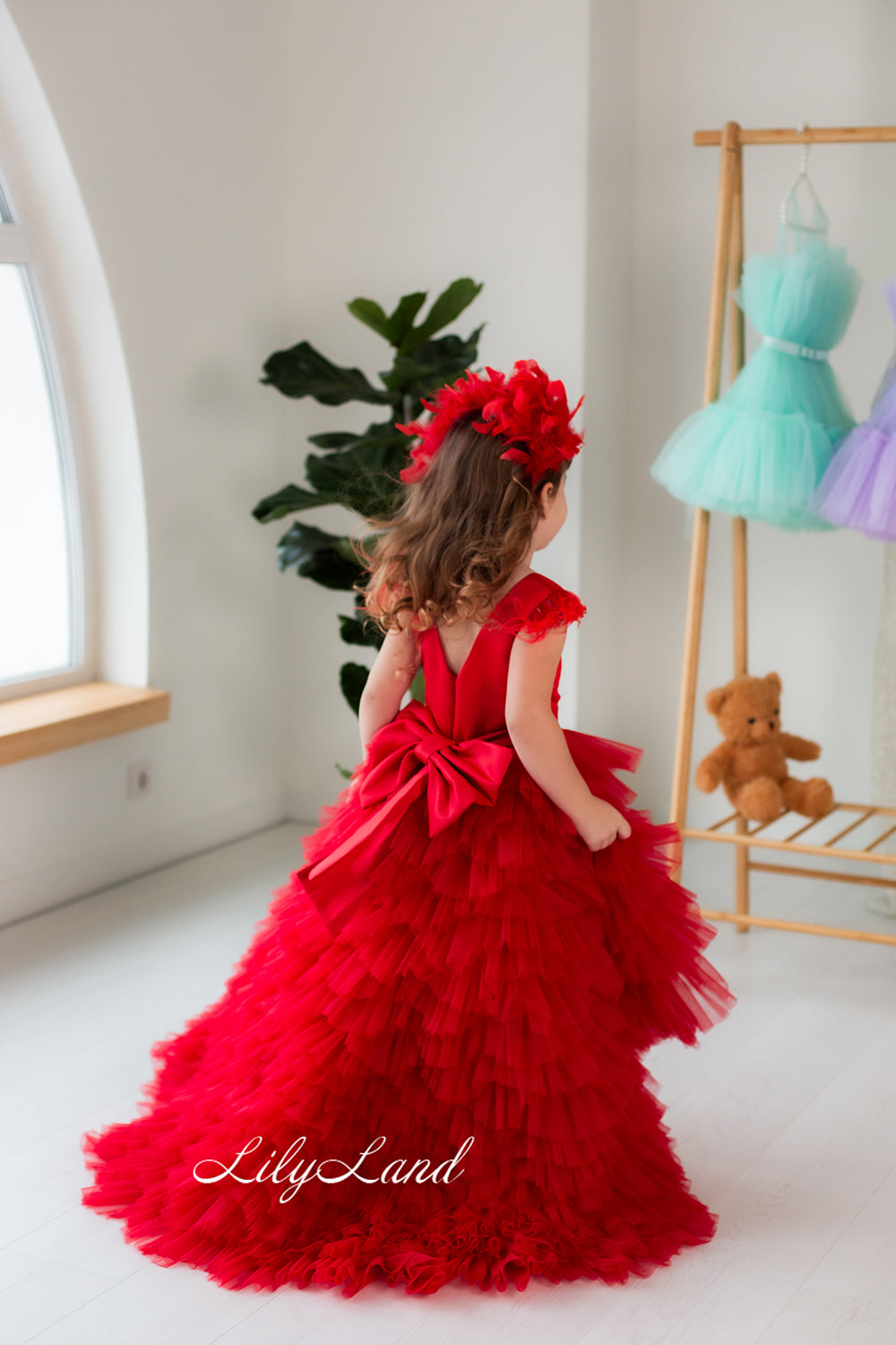 Ursula Girl Dress with Feather Sleeves In Red