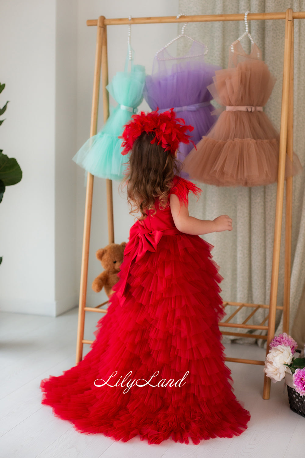 Ursula Girl Dress with Feather Sleeves In Red