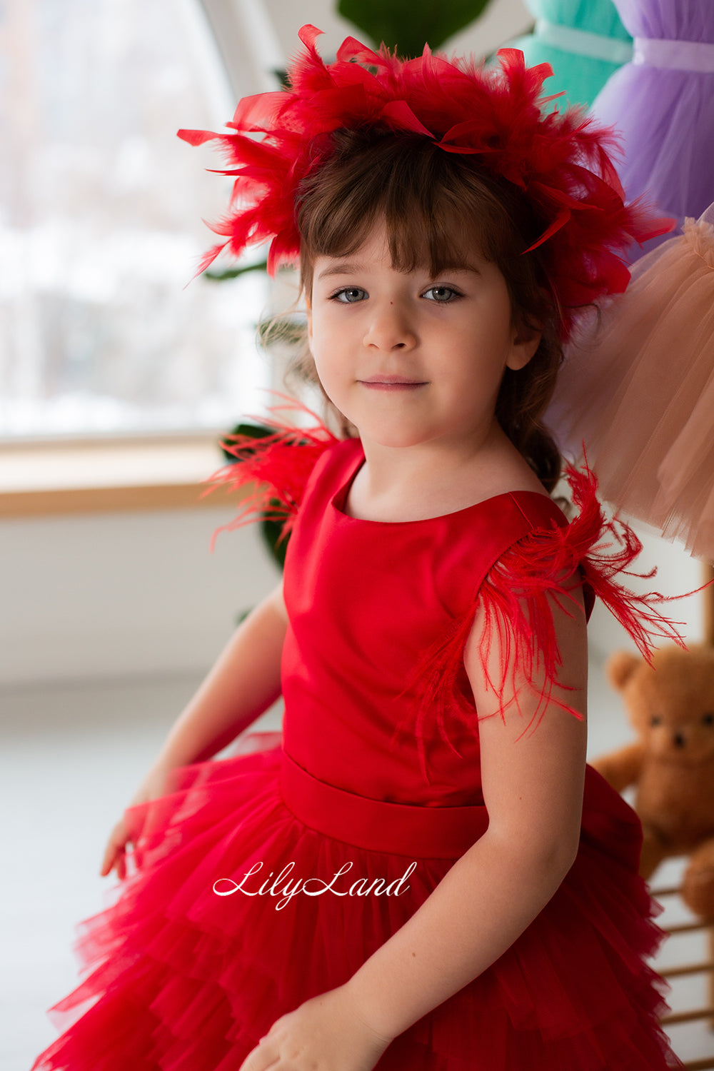 Ursula Girl Dress with Feather Sleeves In Red