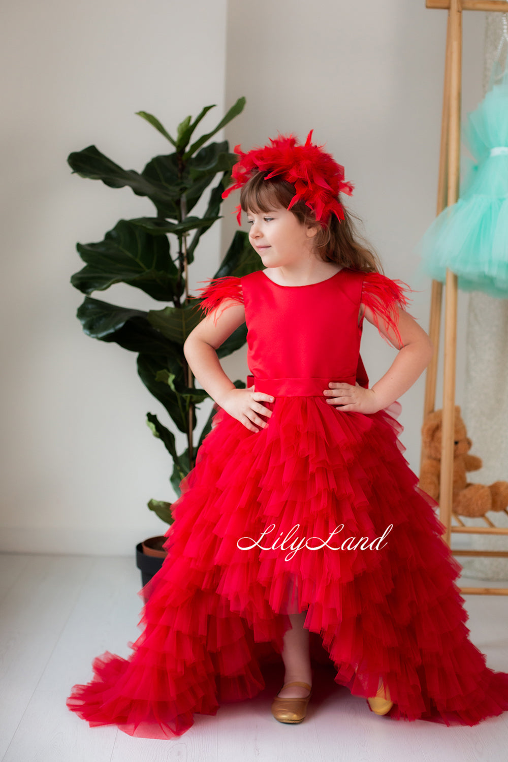 Ursula Girl Dress with Feather Sleeves In Red