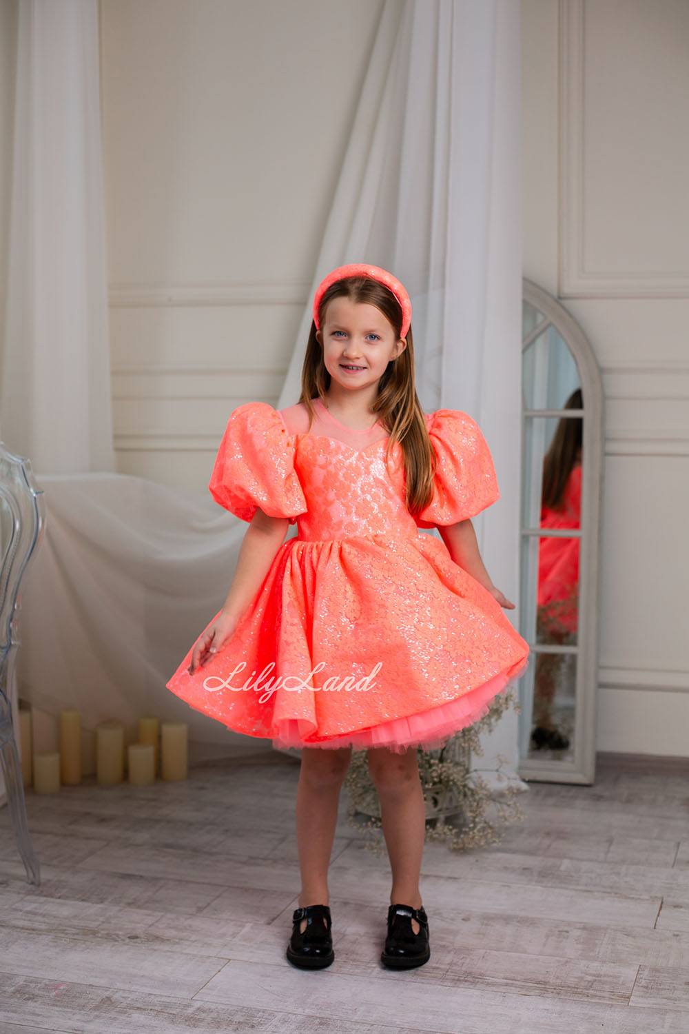 Nora Girl Dress with Glitter and Lace in Neon Orange