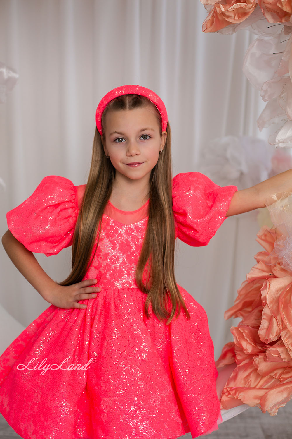 Nora Girl Dress with Glitter and Lace in Neon Coral