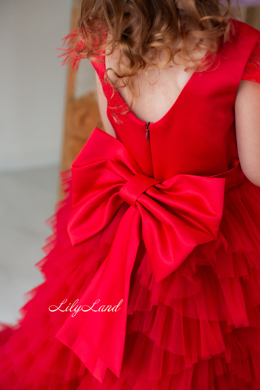 Ursula Girl Dress with Feather Sleeves In Red