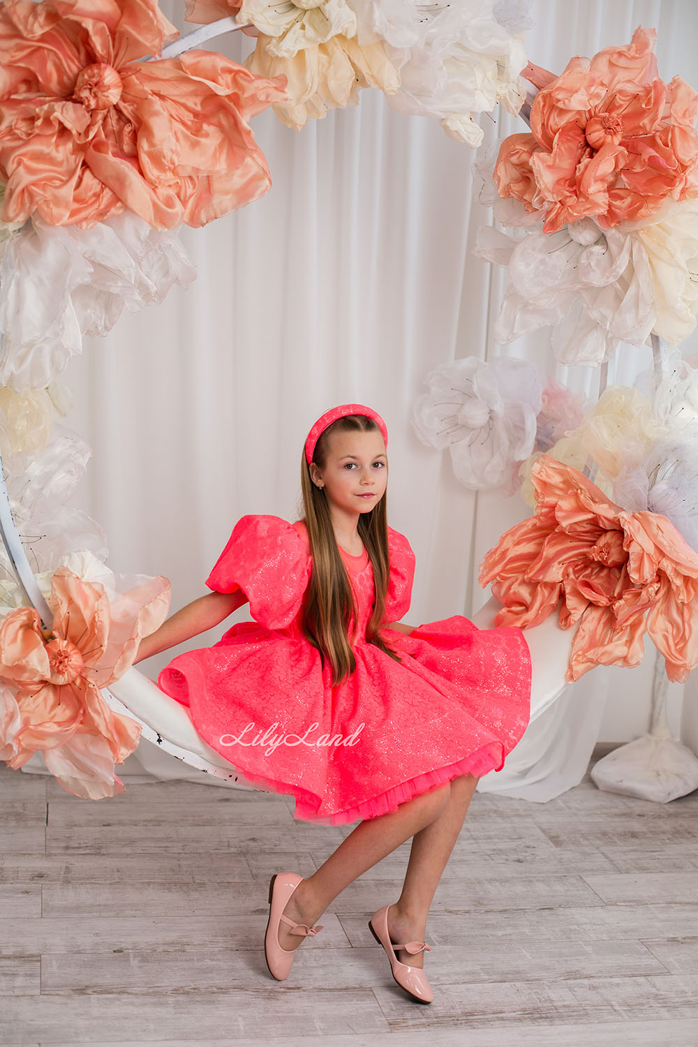 Nora Girl Dress with Glitter and Lace in Neon Coral