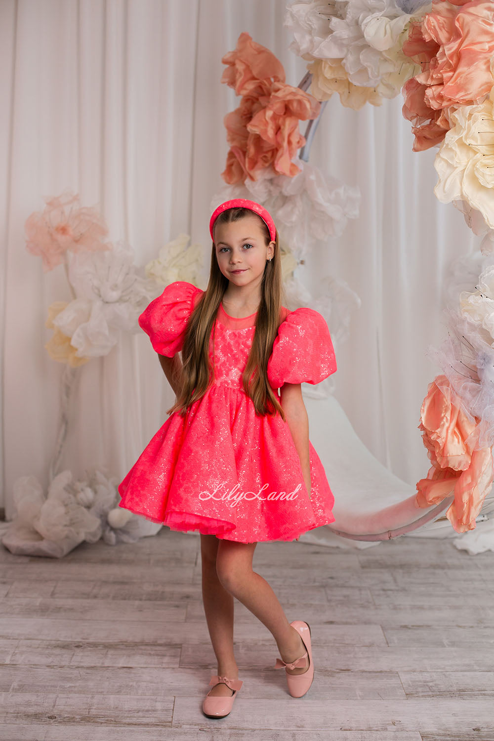 Nora Girl Dress with Glitter and Lace in Neon Coral