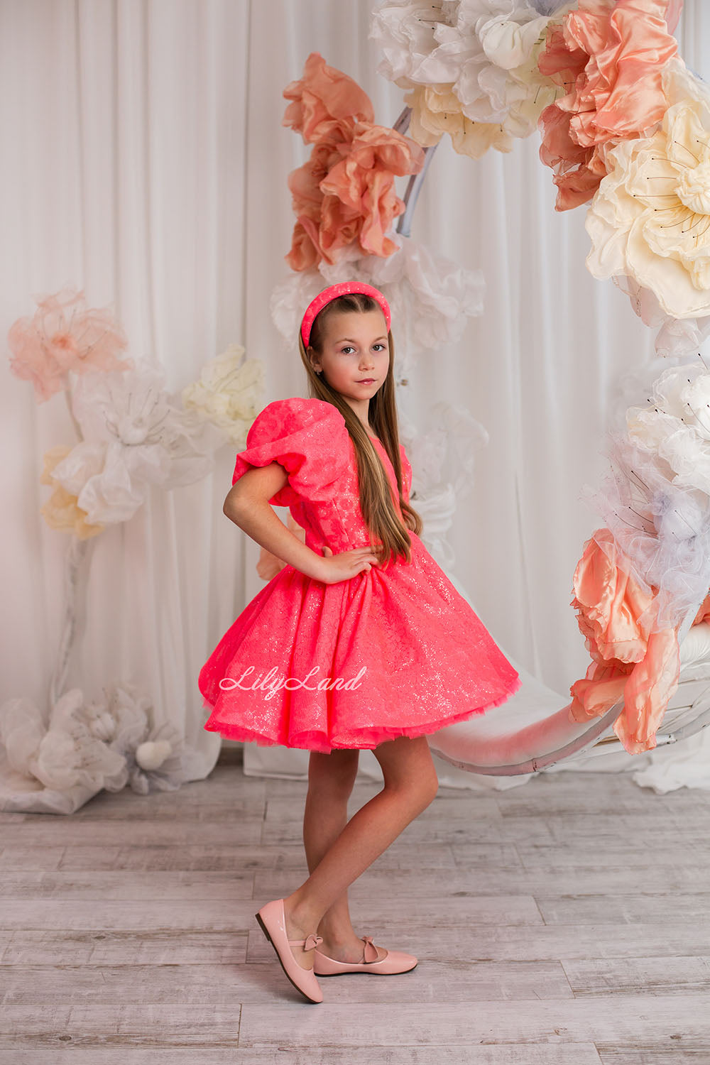 Nora Girl Dress with Glitter and Lace in Neon Coral