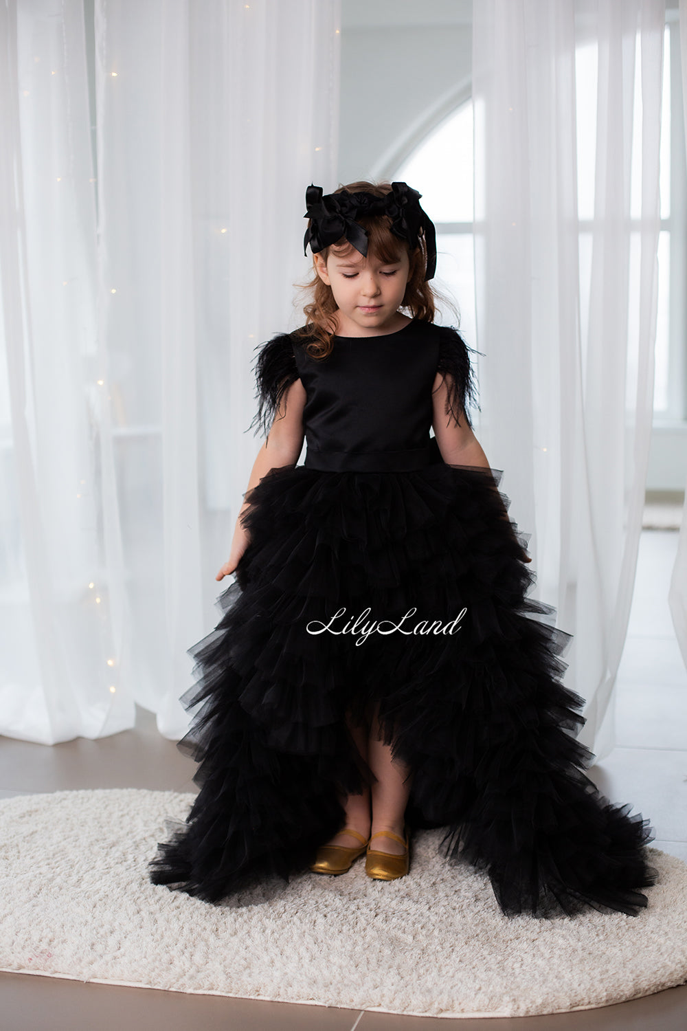 Ursula Girl Dress with Feather Sleeves In Black