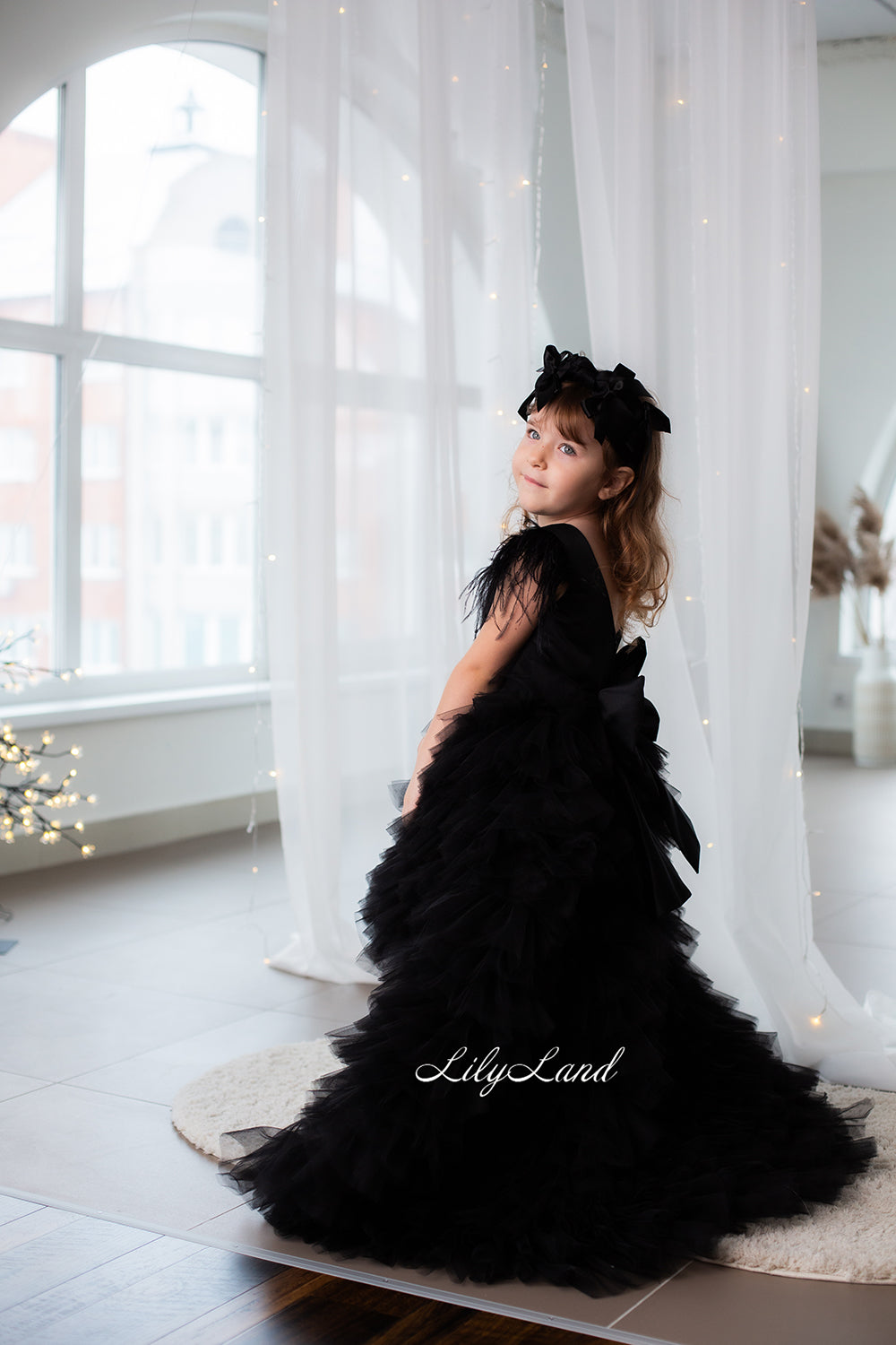 Ursula Girl Dress with Feather Sleeves In Black