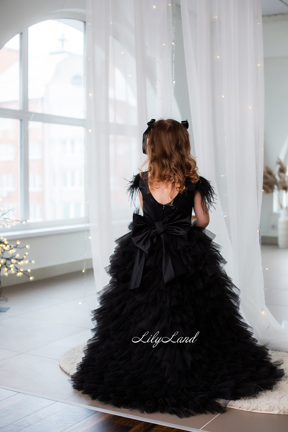 Ursula Girl Dress with Feather Sleeves In Black