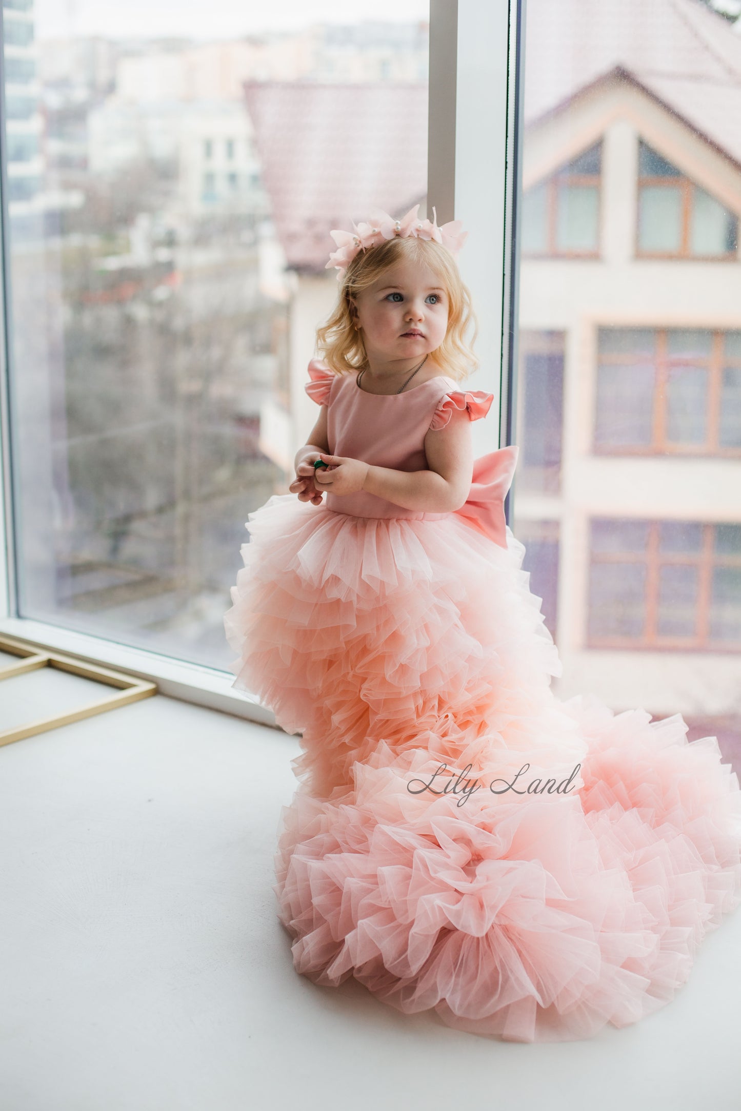 Rosa Girl Dress in Peach Ombre with Long Train