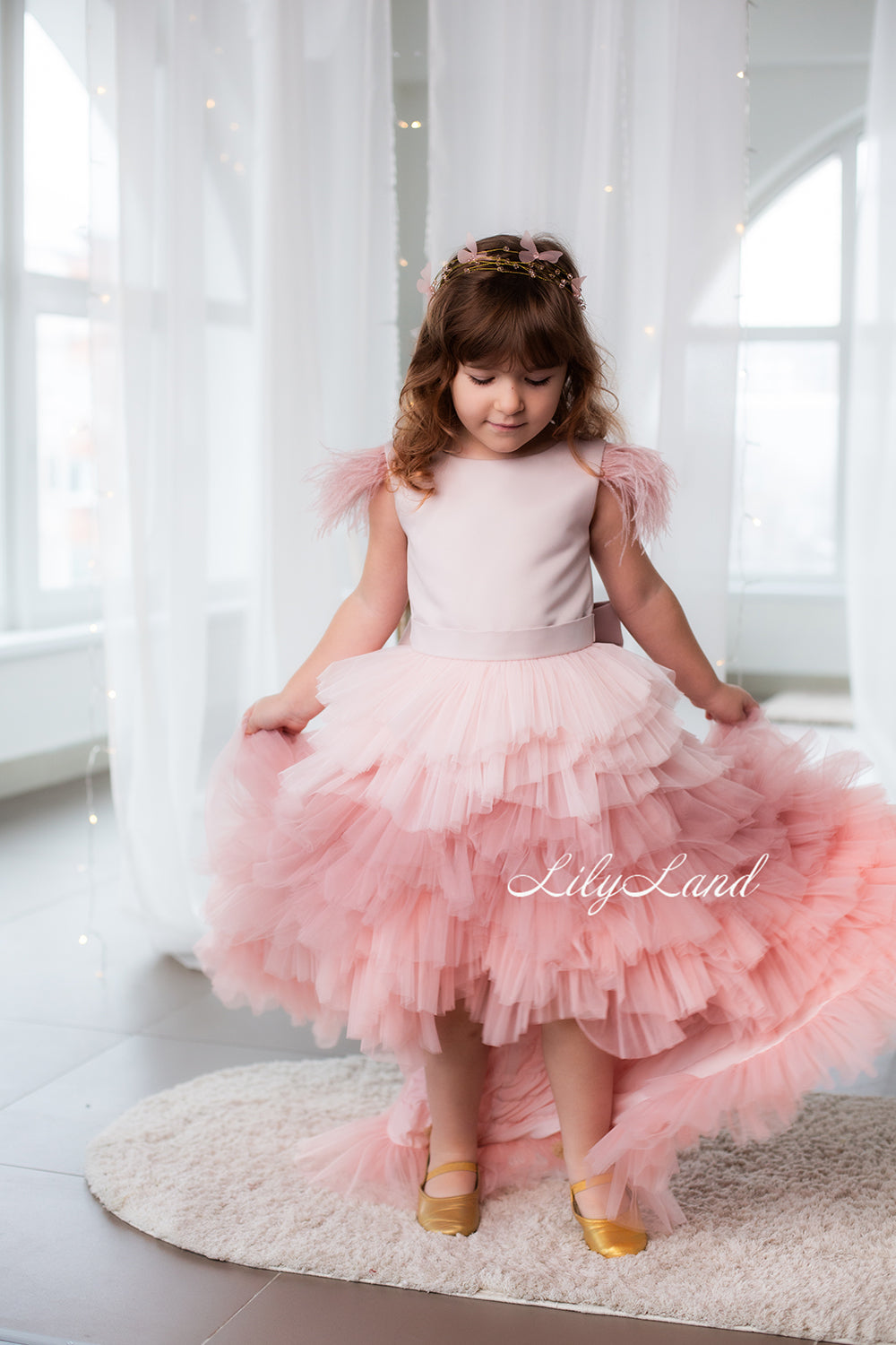 Ursula Girl Dress with Feather Sleeves In Powder Ombre