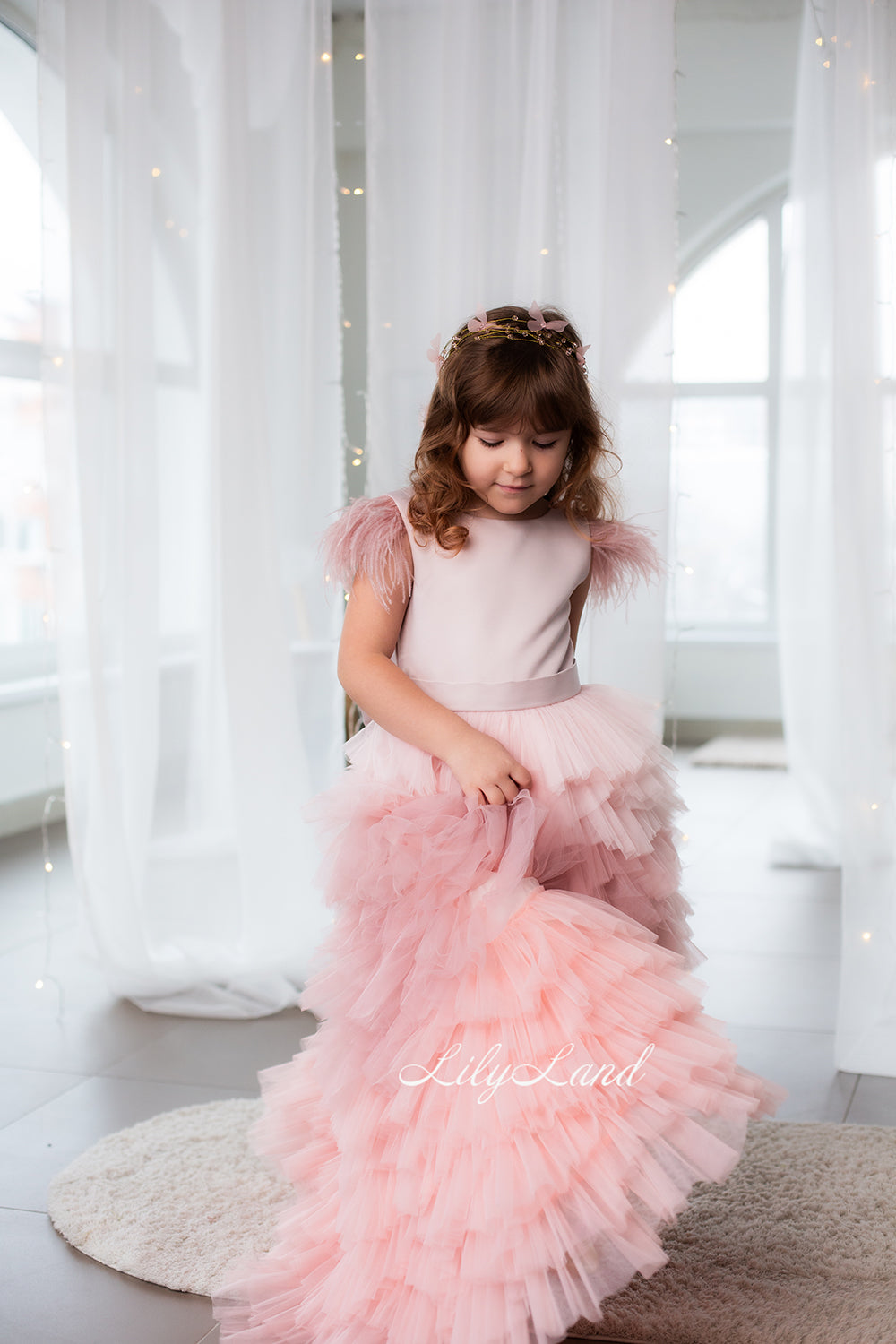 Ursula Girl Dress with Feather Sleeves In Powder Ombre