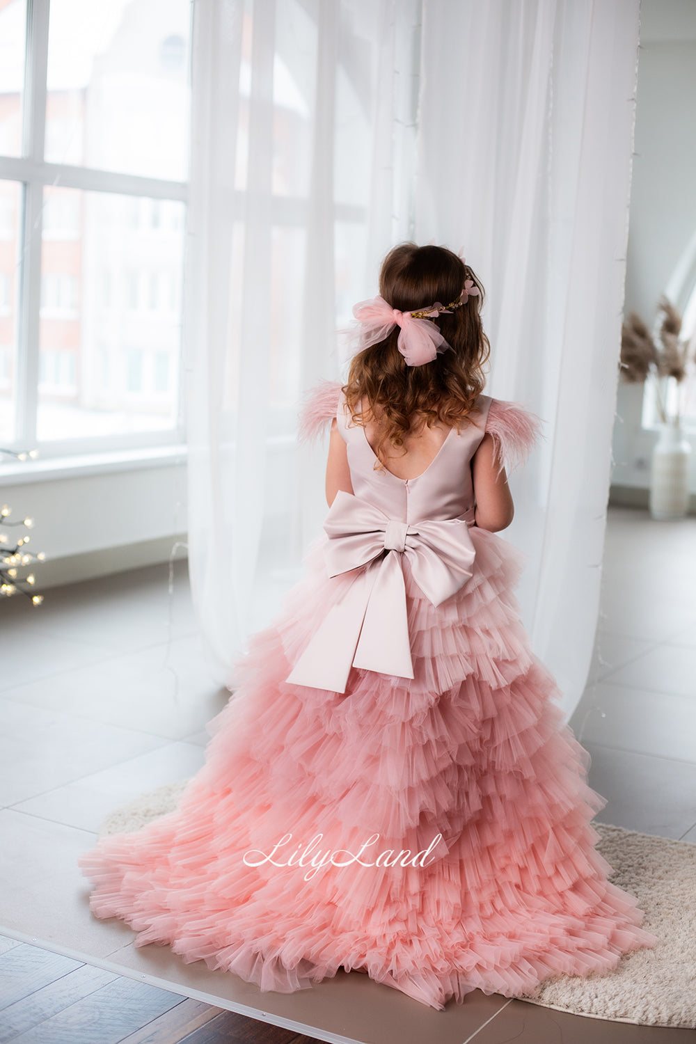 Ursula Girl Dress with Feather Sleeves In Powder Ombre