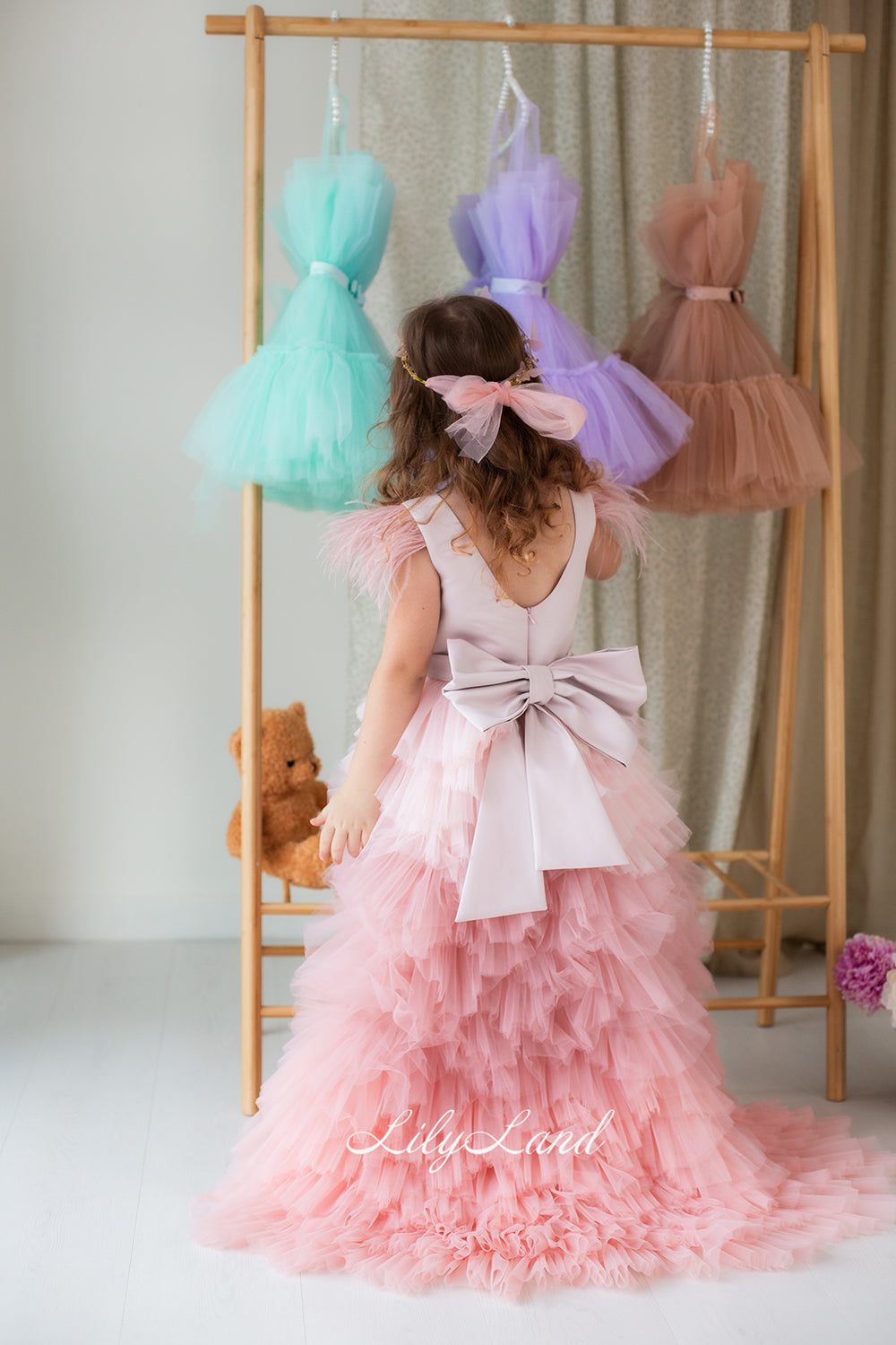 Ursula Girl Dress with Feather Sleeves In Powder Ombre