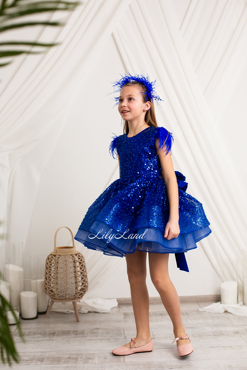 Natalie Sparkling Tutu Girl Dres with Feather Sleeves in Royal Electric Blue