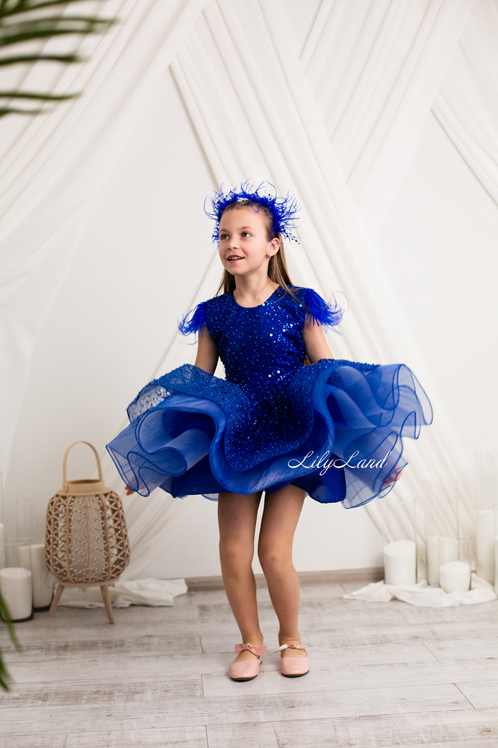 Natalie Sparkling Tutu Girl Dres with Feather Sleeves in Royal Electric Blue