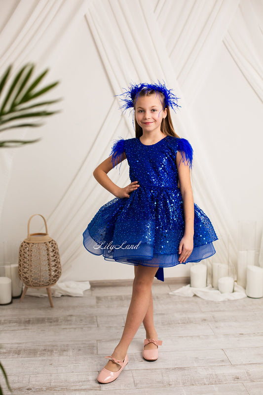 Natalie Sparkling Tutu Girl Dres with Feather Sleeves in Royal Electric Blue