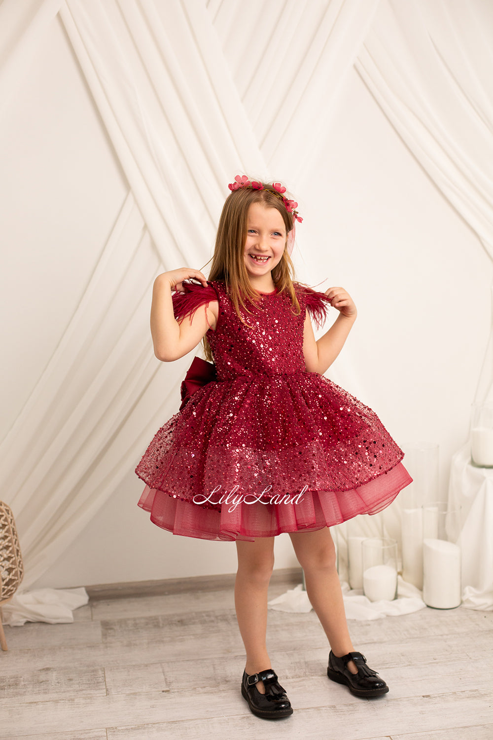 Natalie Sparkling Tutu Girl Dres with Feather Sleeves in Burgundy