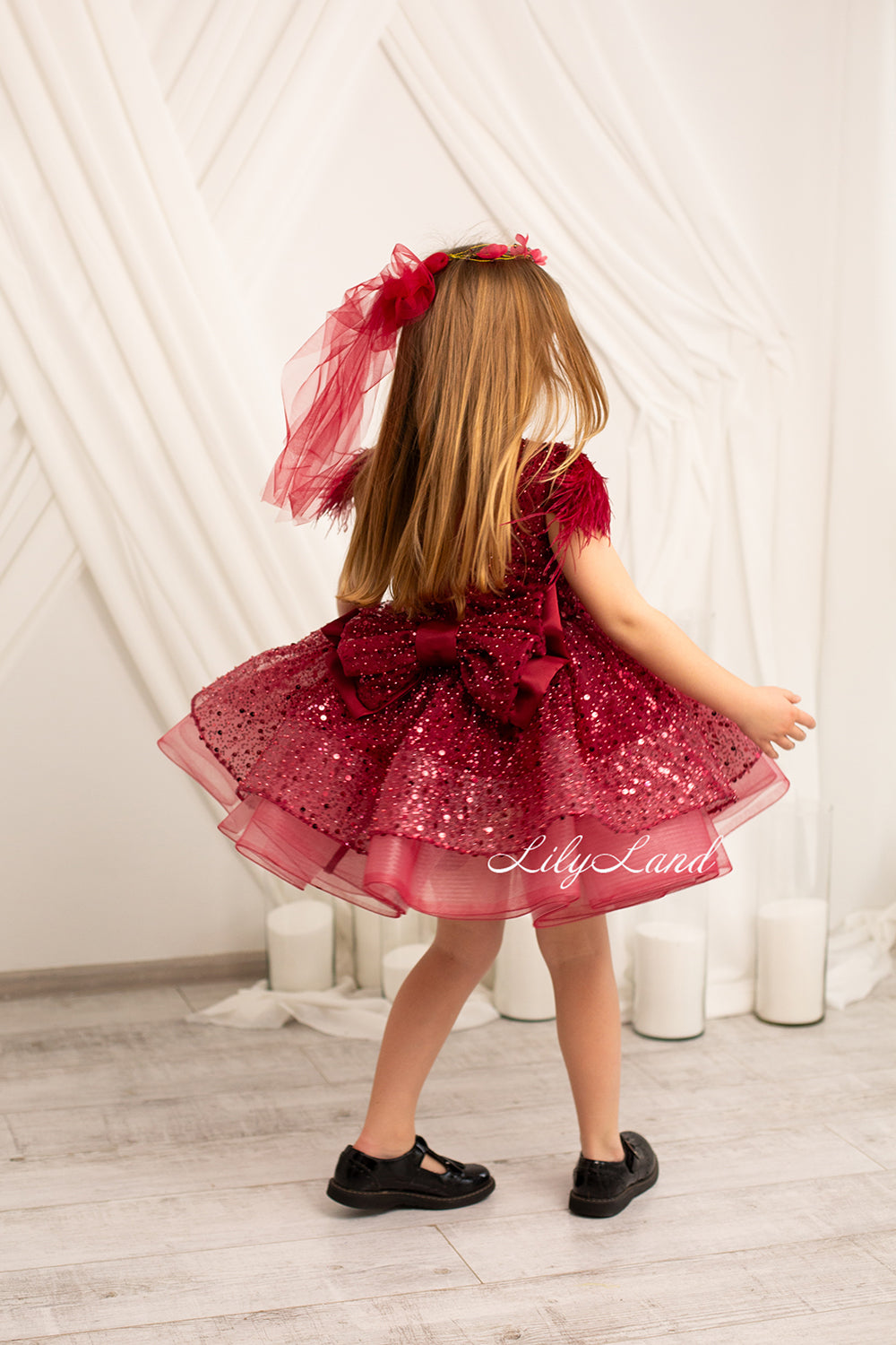 Natalie Sparkling Tutu Girl Dres with Feather Sleeves in Burgundy